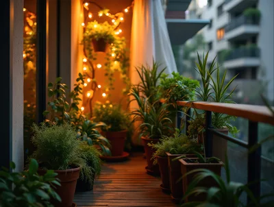 Cozy Balcony Garden With Warm String Lights