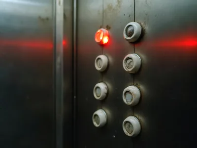 Old Elevator Control Panel With Illuminated Button
