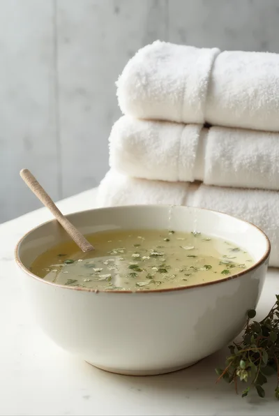 Bowl Of Herbal Infusion With Stacked White Towels