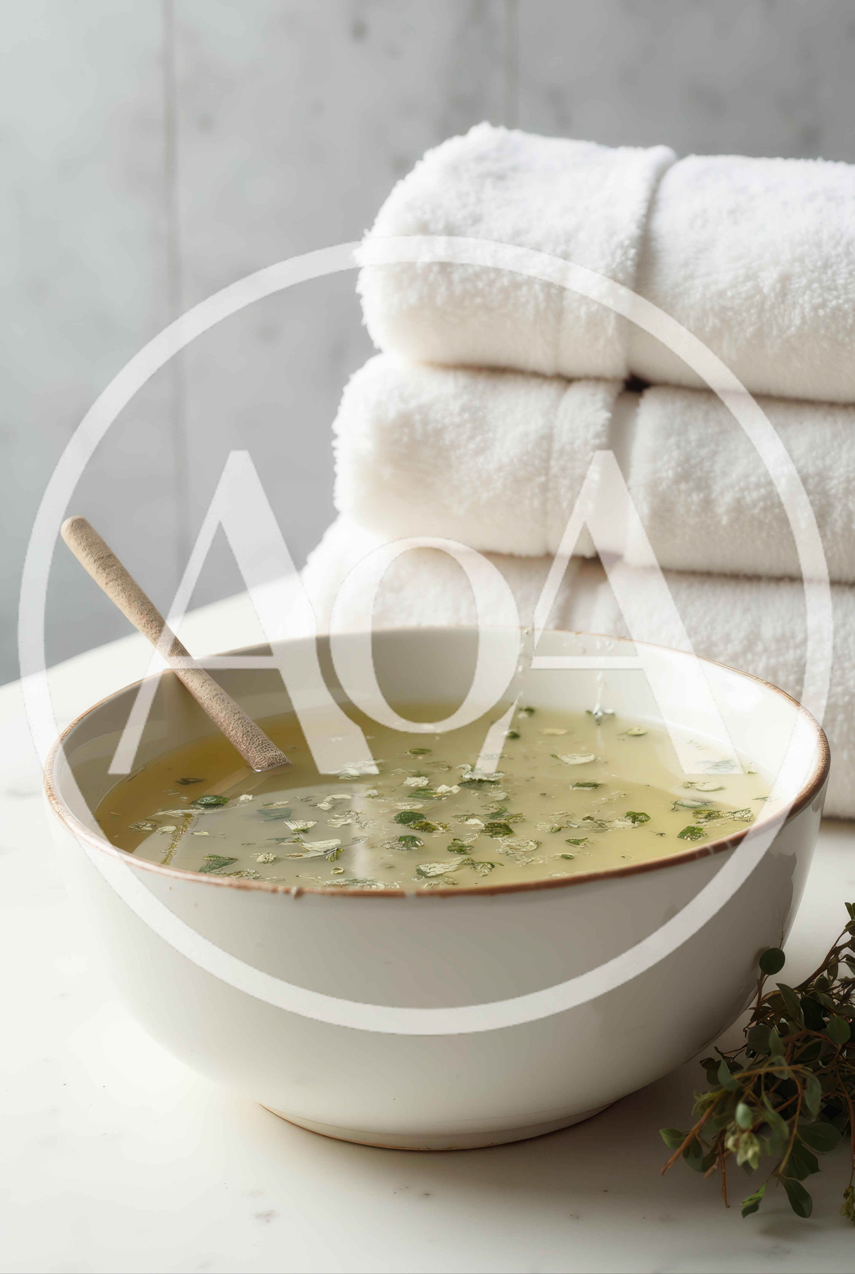 Bowl Of Herbal Infusion With Stacked White Towels
