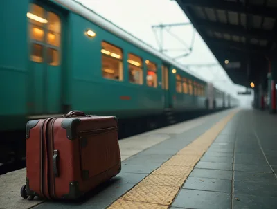 Vintage Brown Suitcase Left Alone on Train Platform