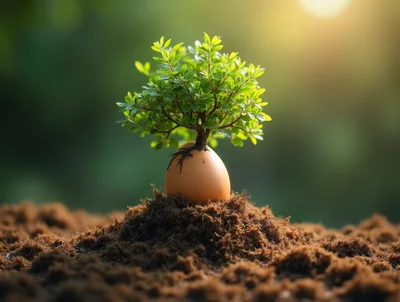 Small Tree Growing Out Of An Egg In Soil