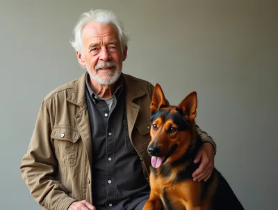Senior Man Posing With His German Shepherd Dog
