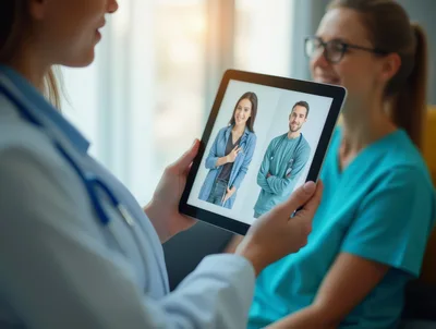 Doctor Discussing Medical Staff Profiles On Tablet