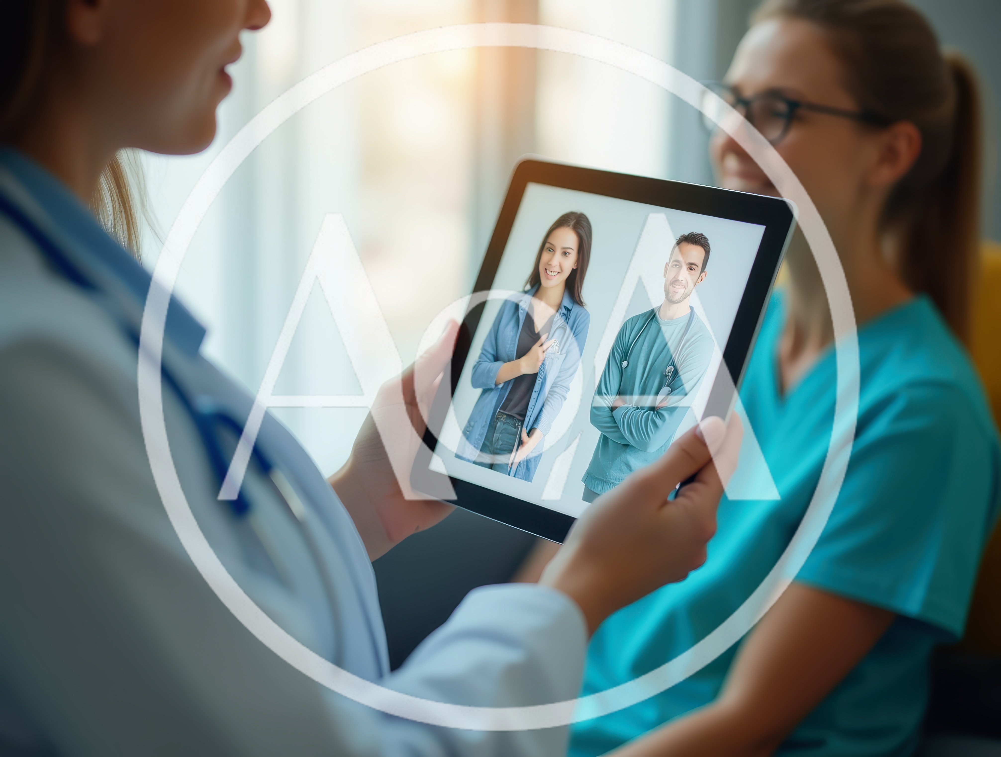 Doctor Discussing Medical Staff Profiles On Tablet