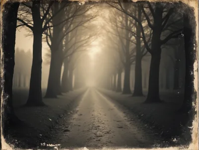 Eerie Foggy Tree Lined Path In Sepia Tone