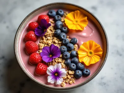 Acai Smoothie Bowl Topped With Berries And Edible Flowers