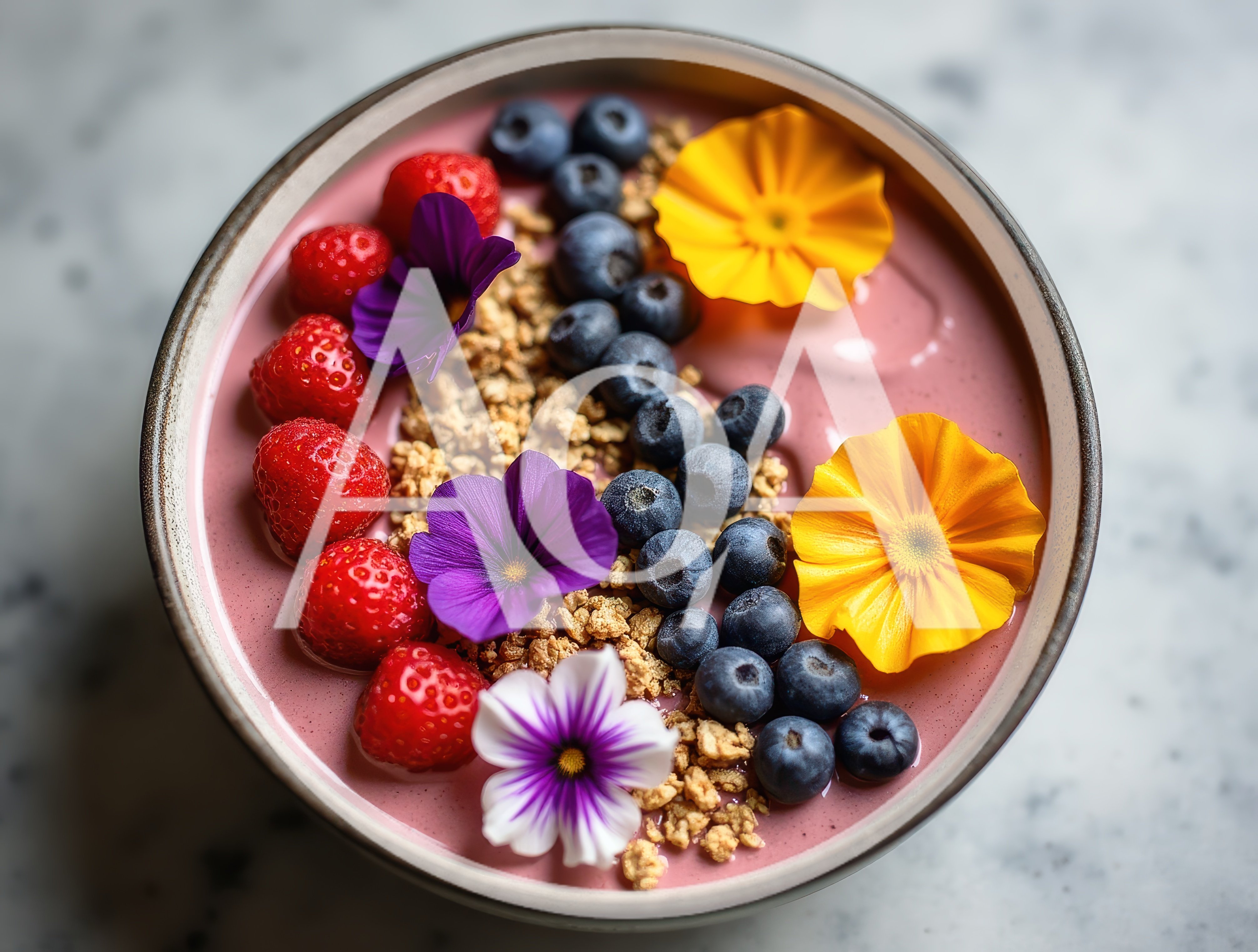 Acai Smoothie Bowl Topped With Berries And Edible Flowers