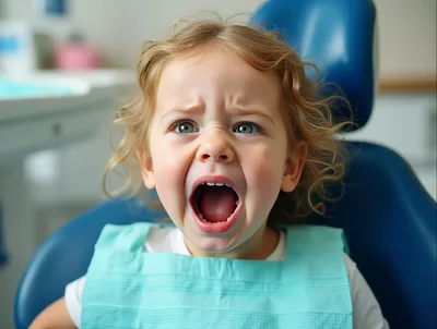Upset Toddler Sitting In A Dental Chair