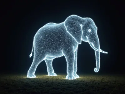 Glowing Particle Elephant Silhouette On Dark Background