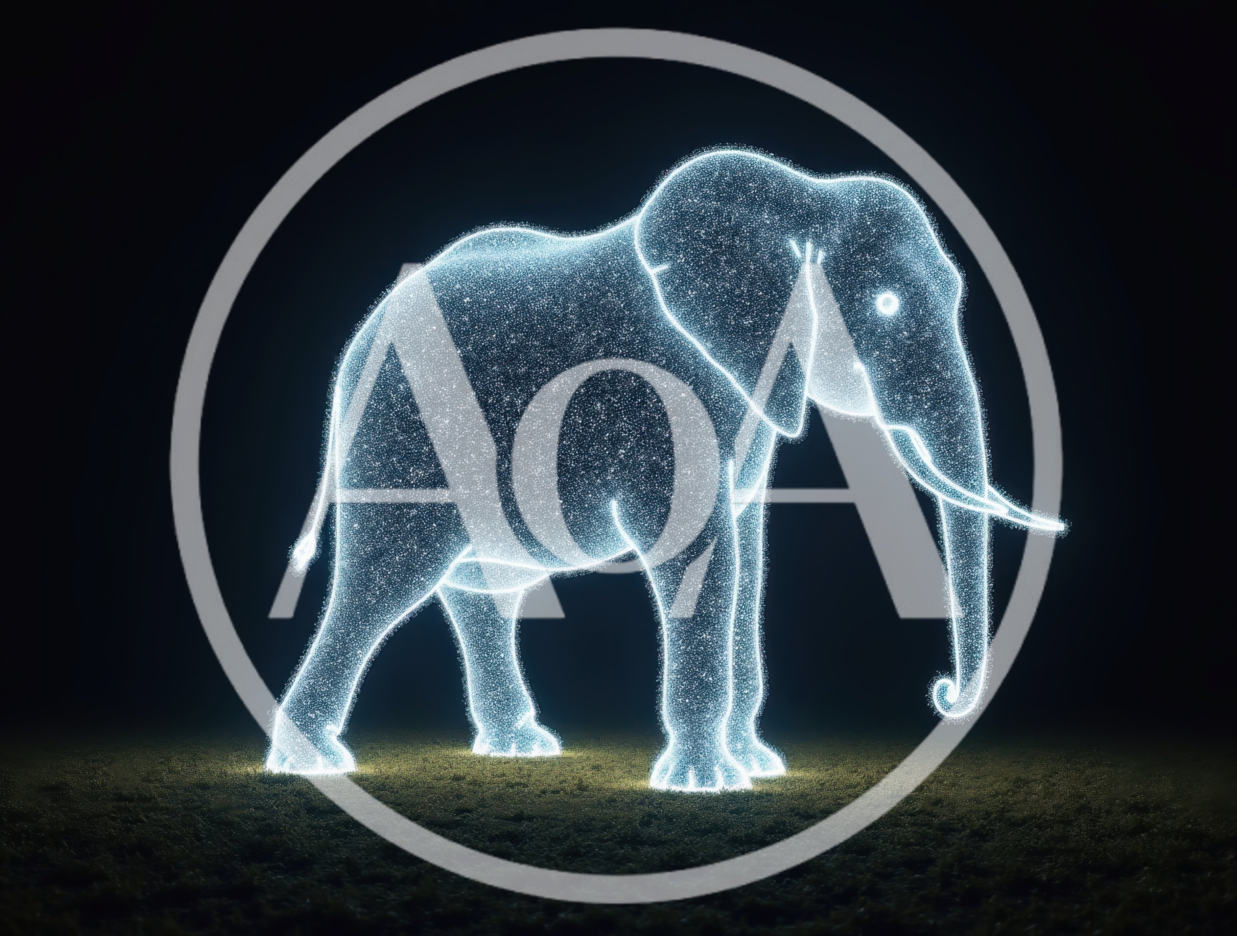 Glowing Particle Elephant Silhouette On Dark Background