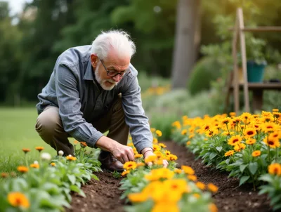 Senior Man Gardening Among Vibrant Yellow Flowers