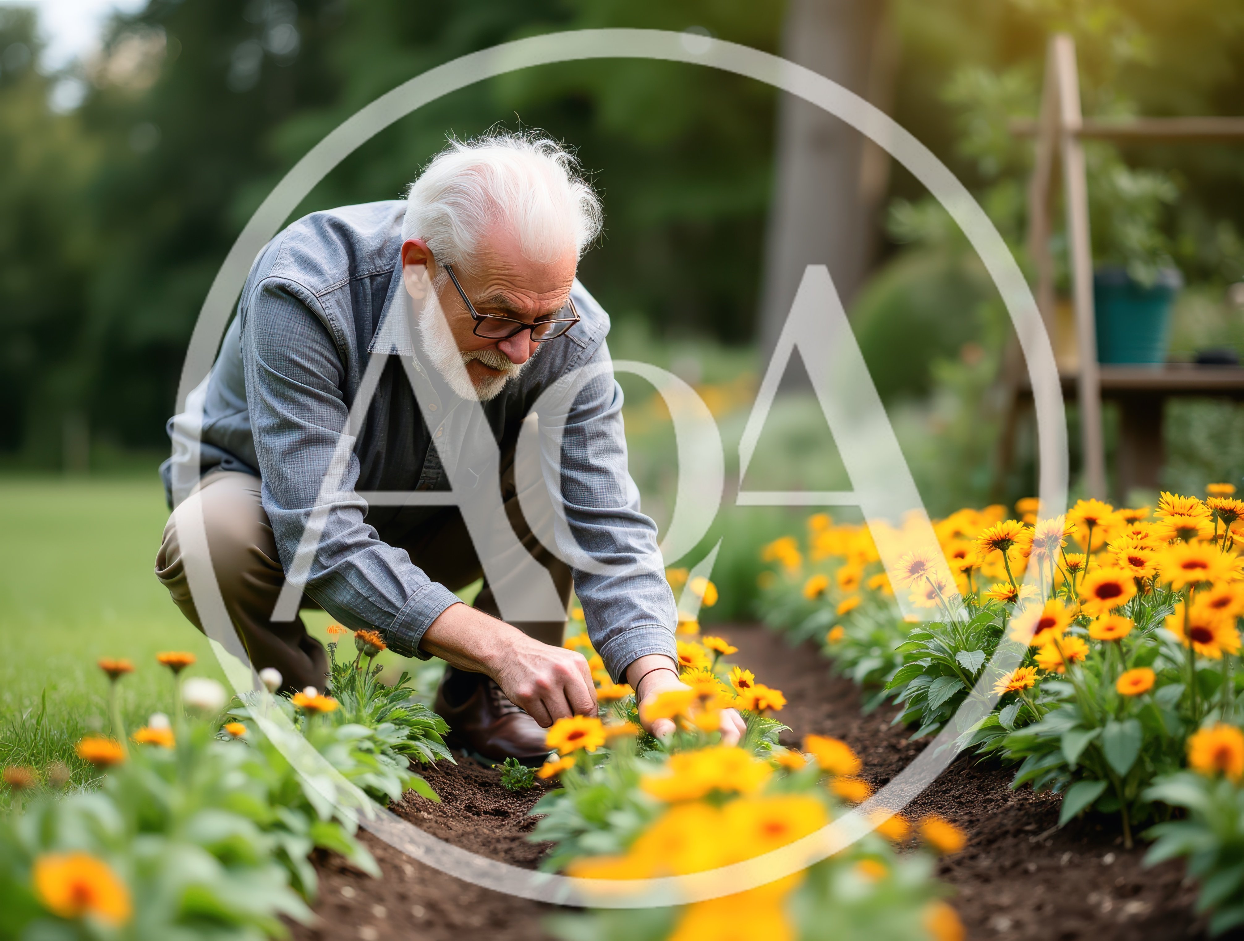 Senior Man Gardening Among Vibrant Yellow Flowers