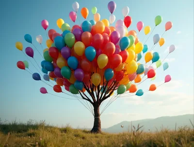 Surreal Tree Made Of Colorful Floating Balloons