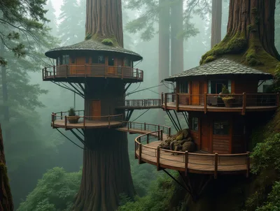 Wooden Treehouse Complex Nestled In Misty Redwood Forest