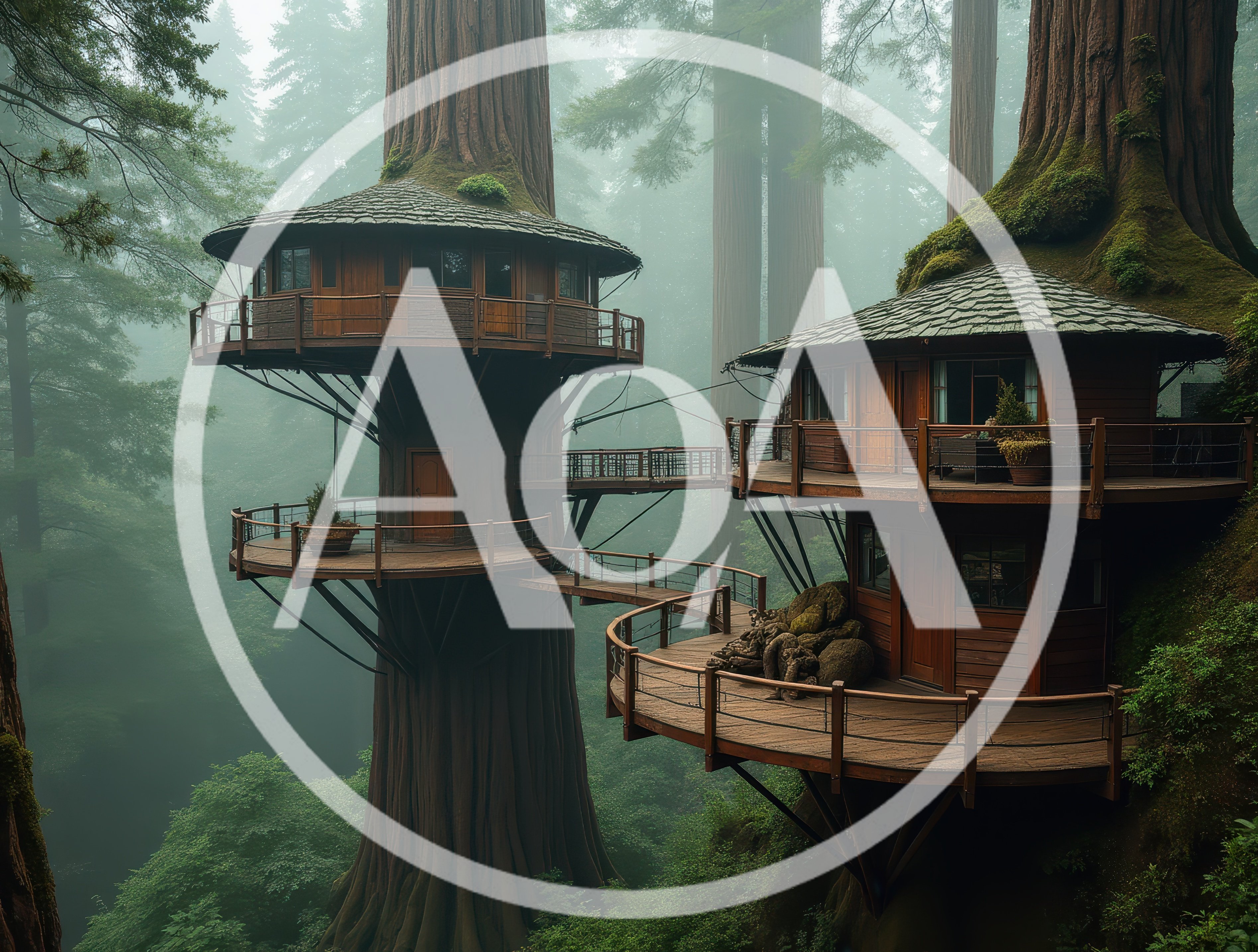 Wooden Treehouse Complex Nestled In Misty Redwood Forest