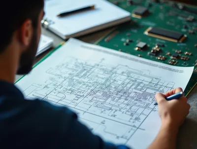 Engineer Reviewing Complex Circuit Board Schematics