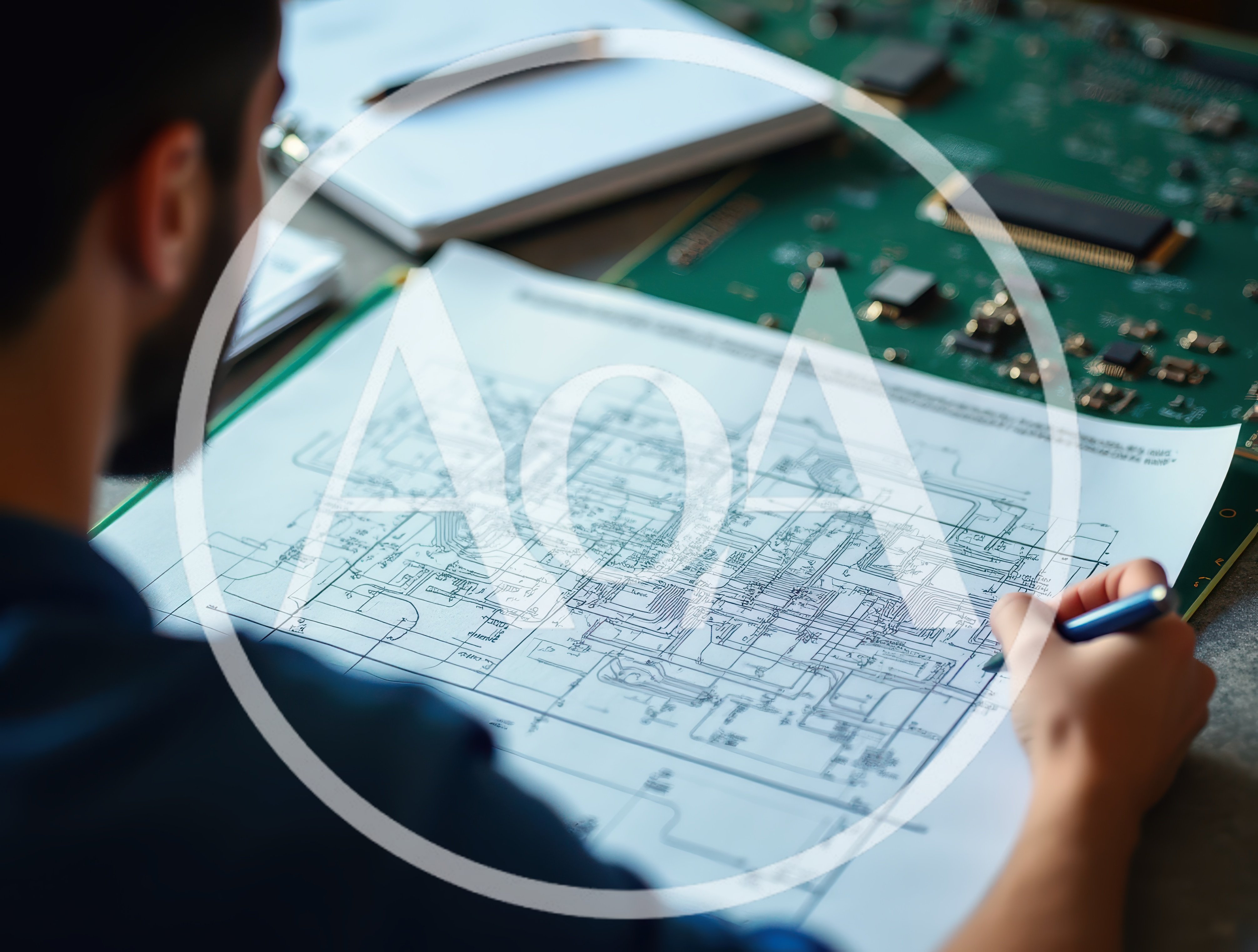Engineer Reviewing Complex Circuit Board Schematics