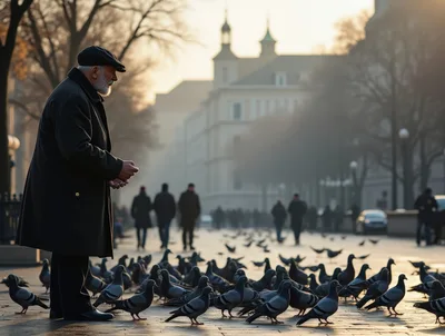 Elderly Man Feeding Pigeons In A Foggy City Square