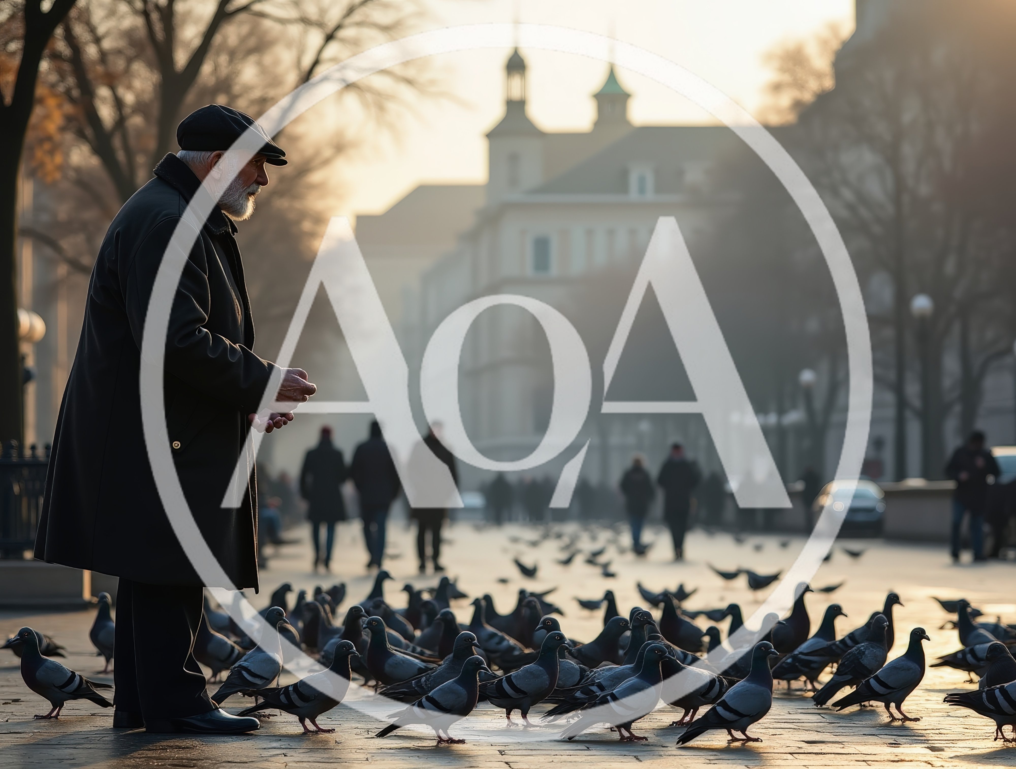 Elderly Man Feeding Pigeons In A Foggy City Square