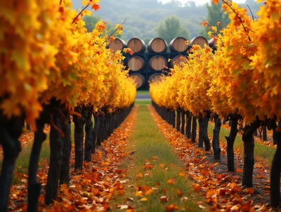 Autumn Vineyard Rows With Wine Barrels In Background