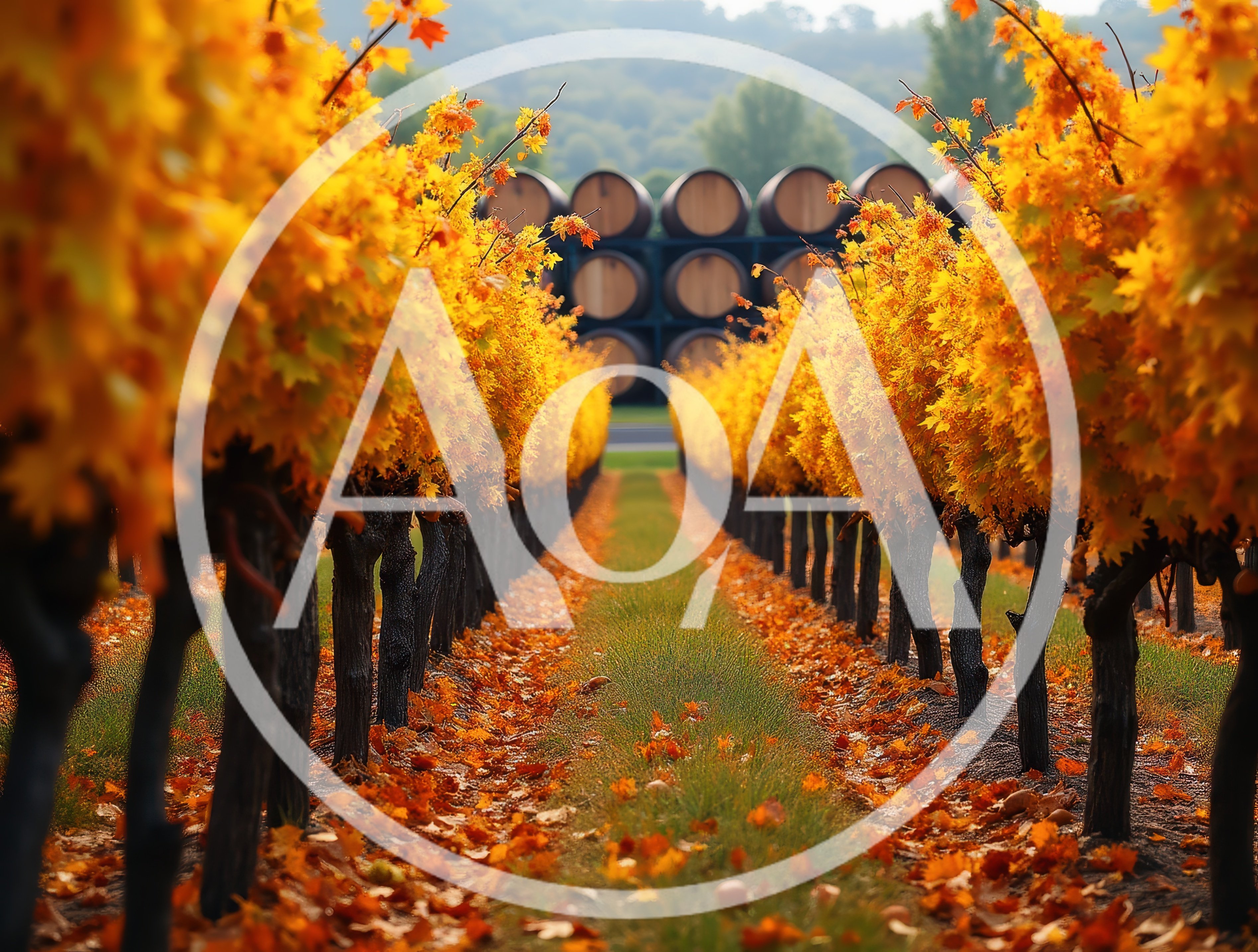 Autumn Vineyard Rows With Wine Barrels In Background