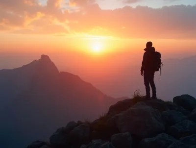 Hiker Standing On Mountain Peak At Sunset