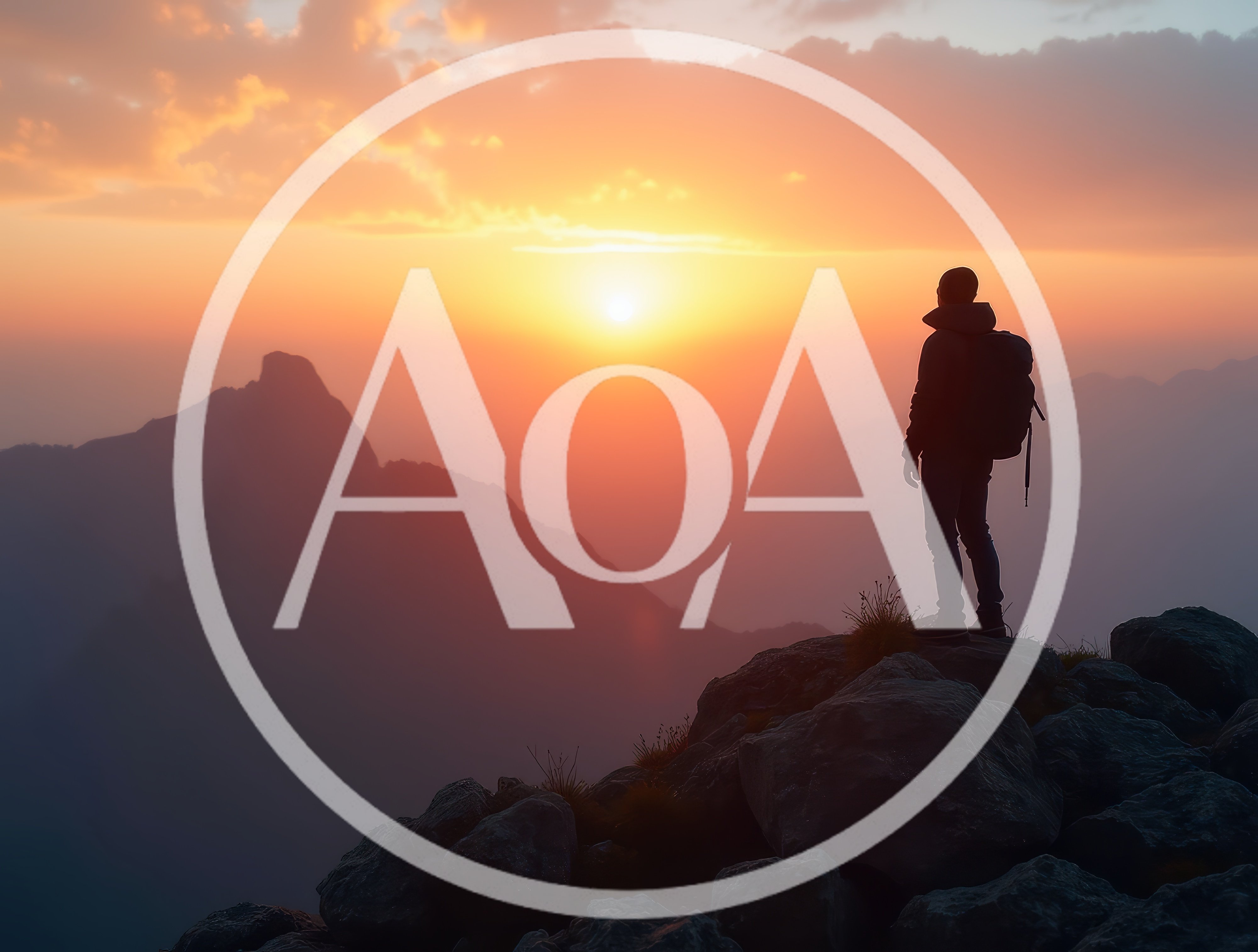 Hiker Standing On Mountain Peak At Sunset