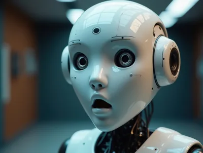 Close Up Portrait Of A Surprised Humanoid Robot
