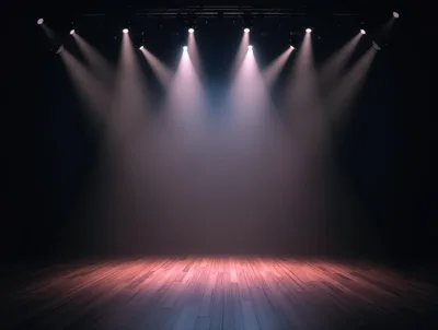 Empty Wooden Stage With Dramatic Spotlight Beams