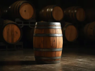 Wooden Barrel Standing in a Dimly Lit Wine Cellar