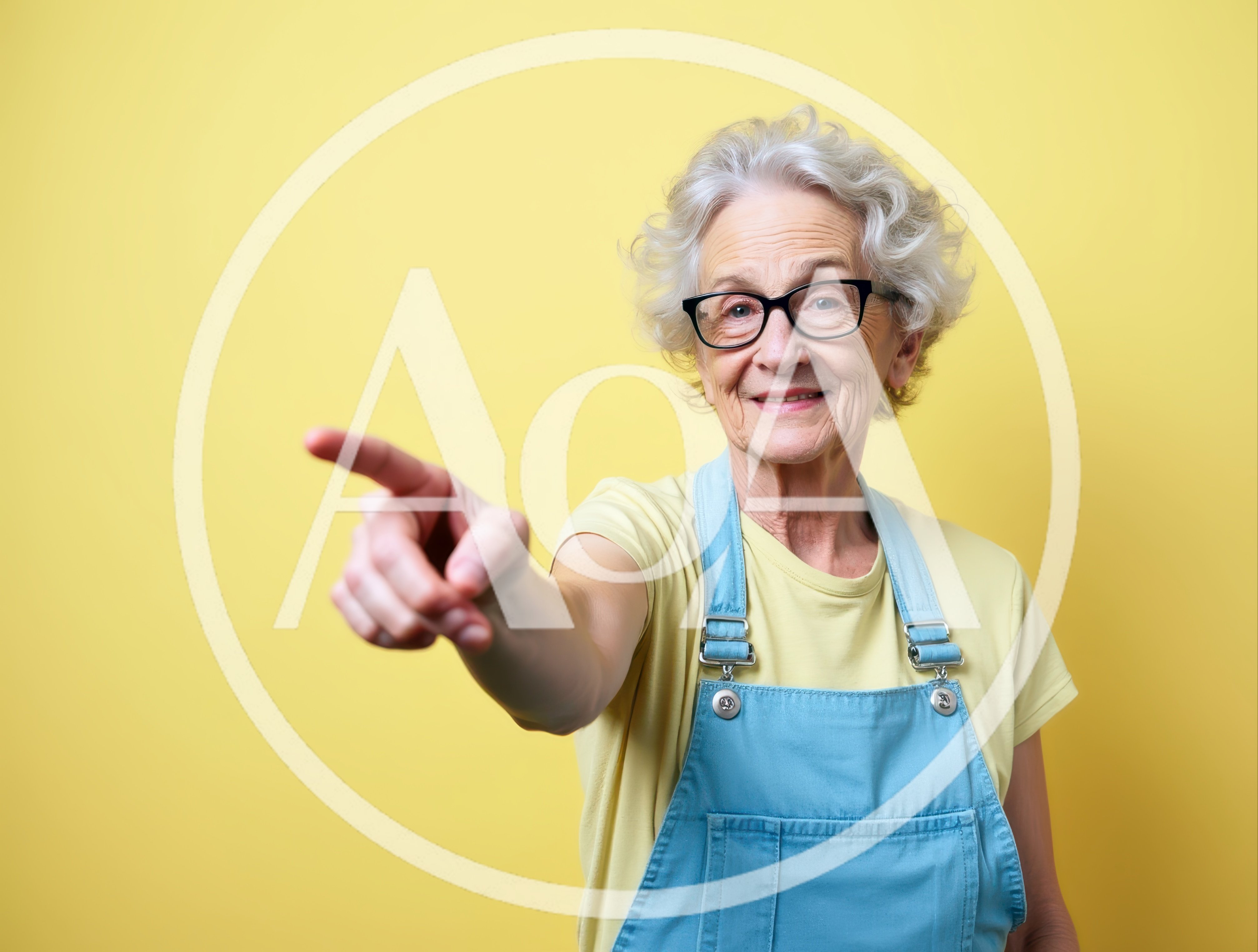 Senior Woman Pointing Forward Against Yellow Background