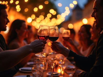 Friends Toasting With Red Wine At Outdoor Dinner Party