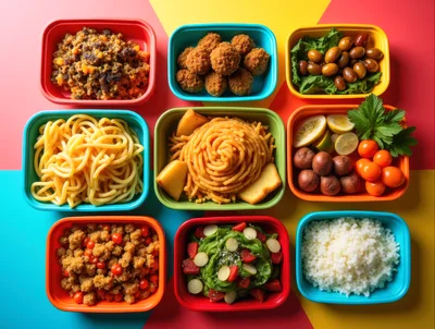 Top Down View of Colorful Meal Prep Containers