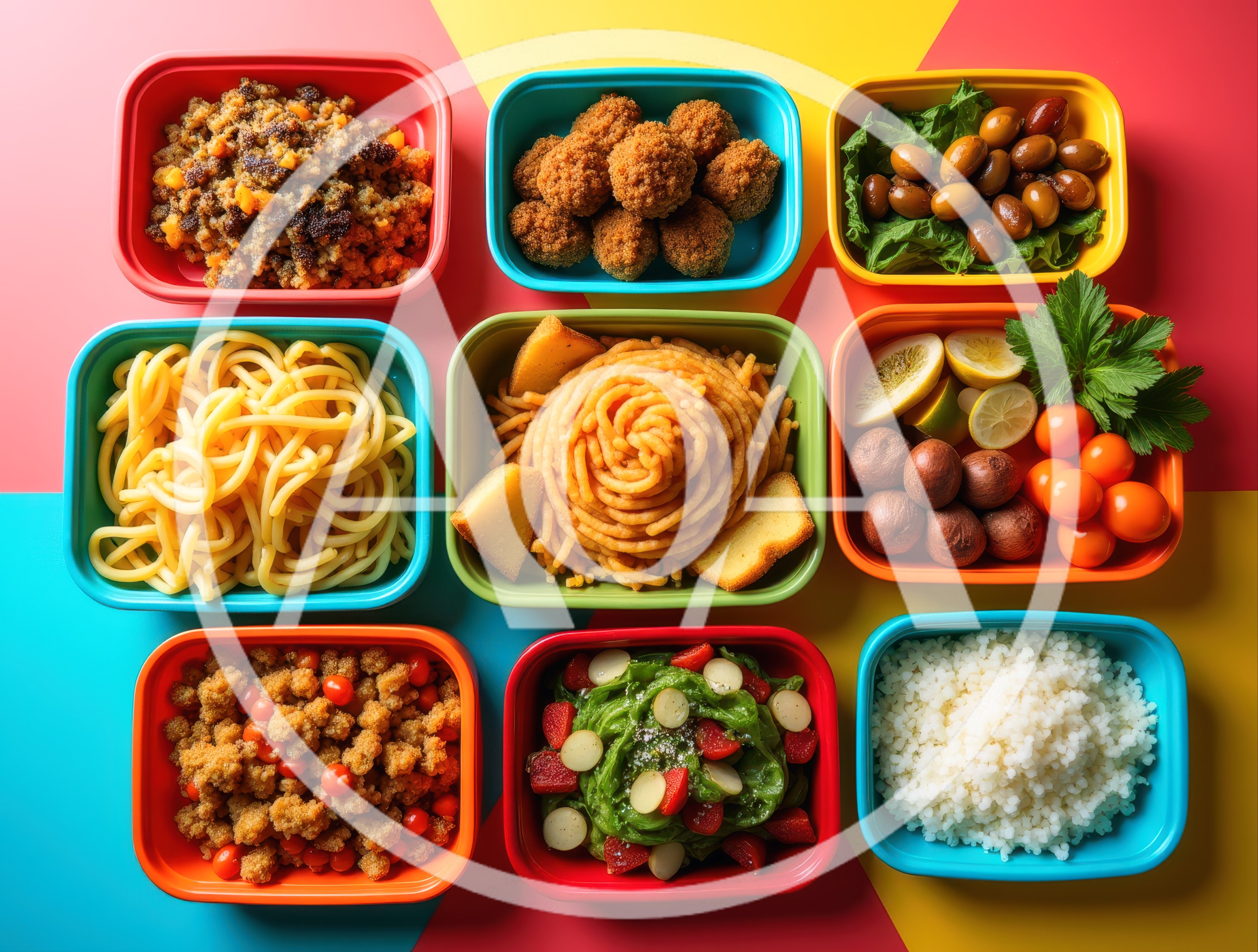Top Down View of Colorful Meal Prep Containers