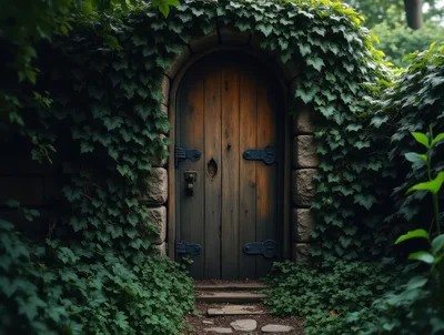 Enchanted Wooden Door Covered In Lush Green Ivy