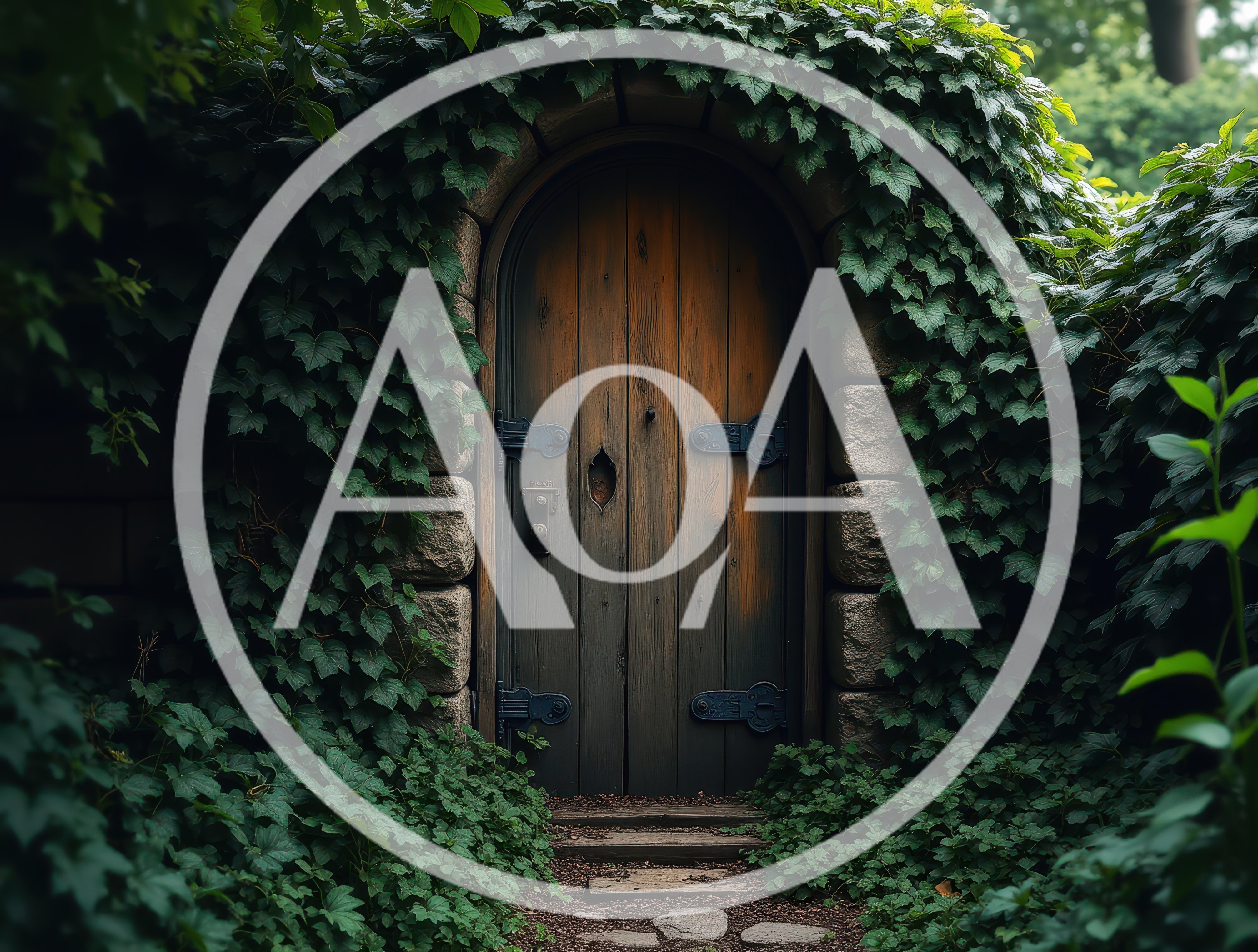 Enchanted Wooden Door Covered In Lush Green Ivy