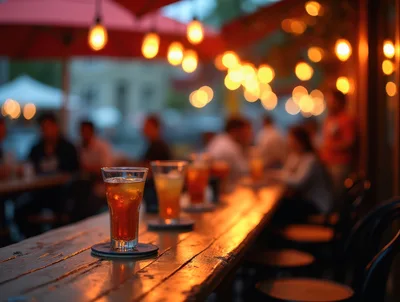 Cold Drinks On A Wooden Bar At Sunset