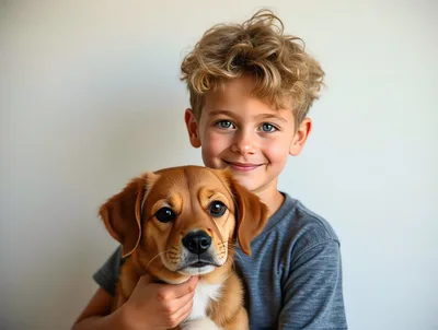 Young Boy Holding His Pet Puppy