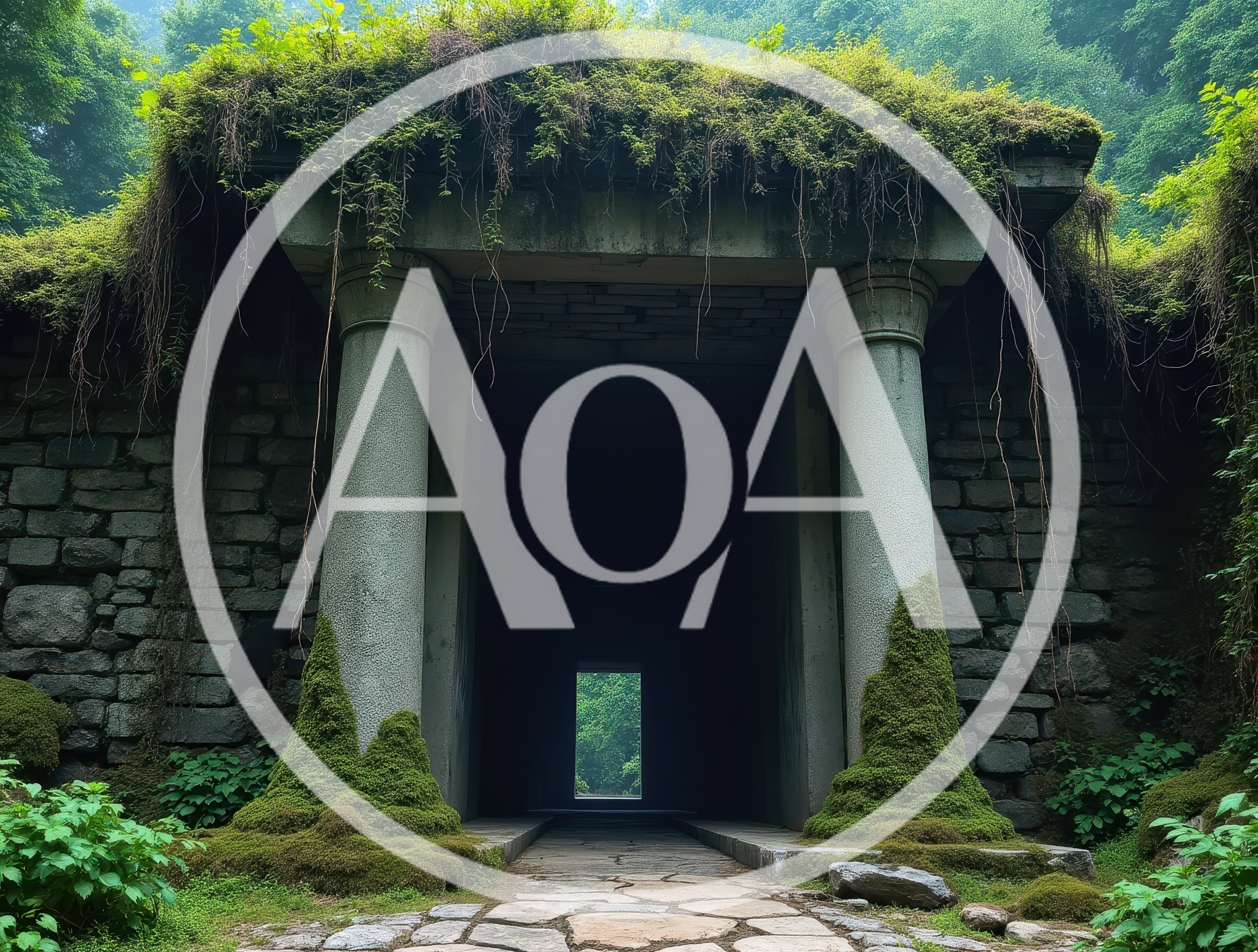 Ancient Stone Entrance Covered In Moss And Vines