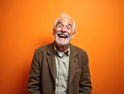Happy Senior Man Laughing Against Orange Background