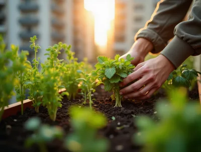 Person Planting Green Seedlings In A Balcony Garden