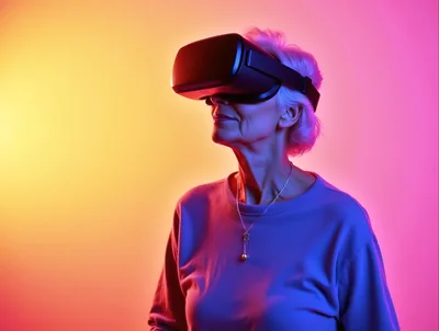 Senior Woman Experiencing Virtual Reality Headset Technology
