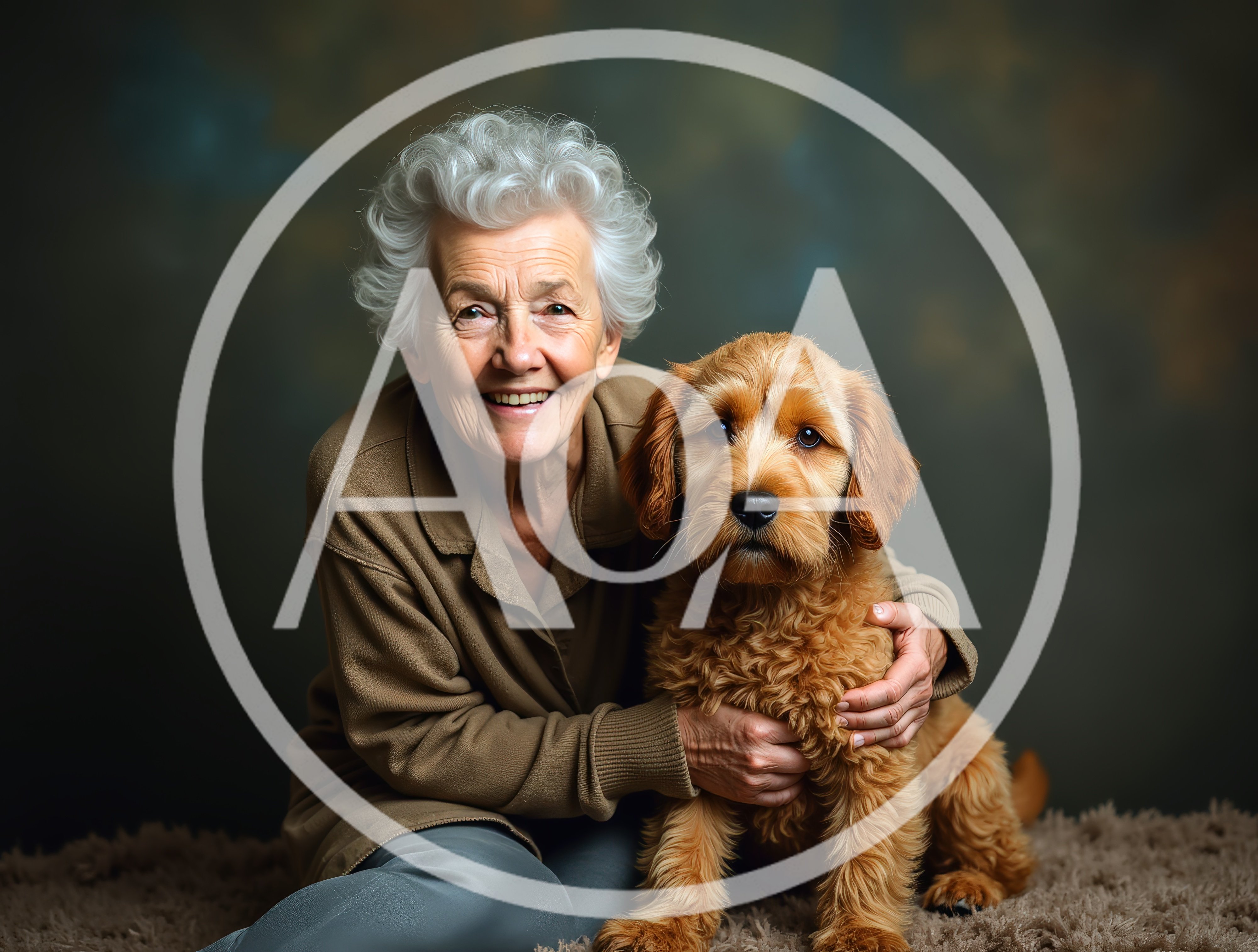 Elderly Woman Embracing Her Golden Doodle Puppy
