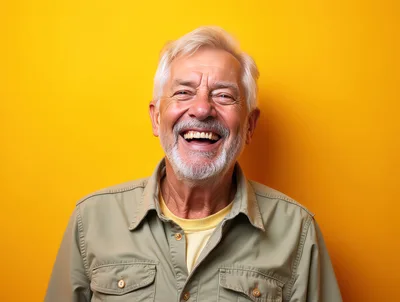 Happy Senior Man Laughing Against Yellow Background