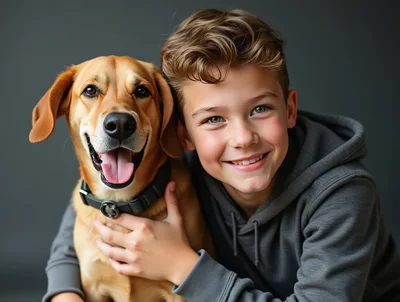 Happy Boy Hugging His Golden Retriever Dog