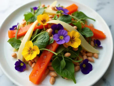 Gourmet Salad With Edible Flowers And Vegetables