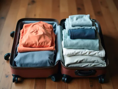 Open Suitcase Packed With Folded Clothing On Wooden Floor