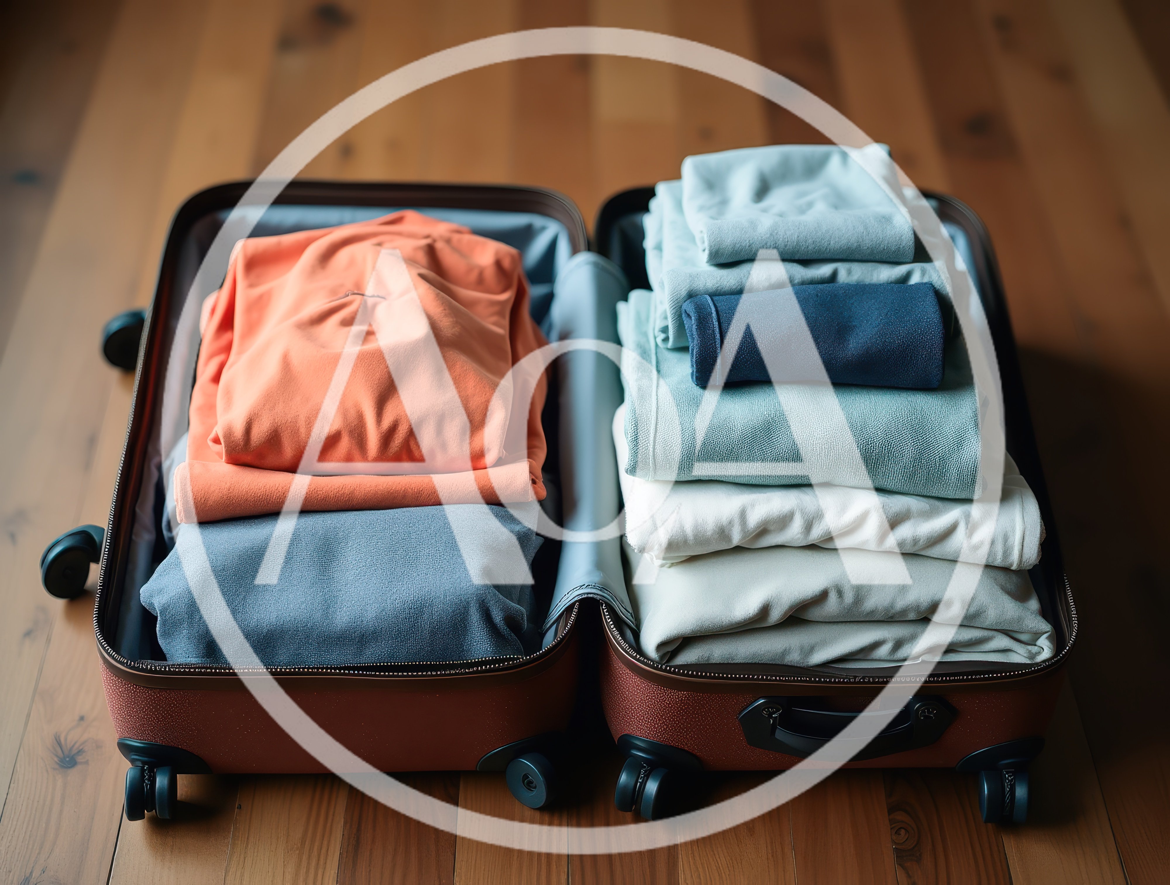 Open Suitcase Packed With Folded Clothing On Wooden Floor