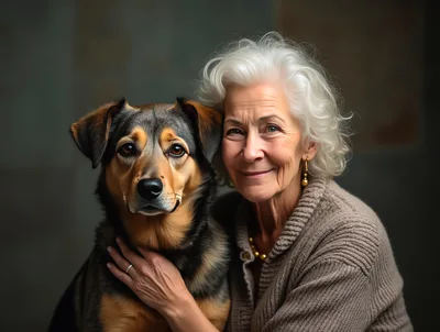 Senior Woman Embracing Her Loyal Mixed Breed Dog